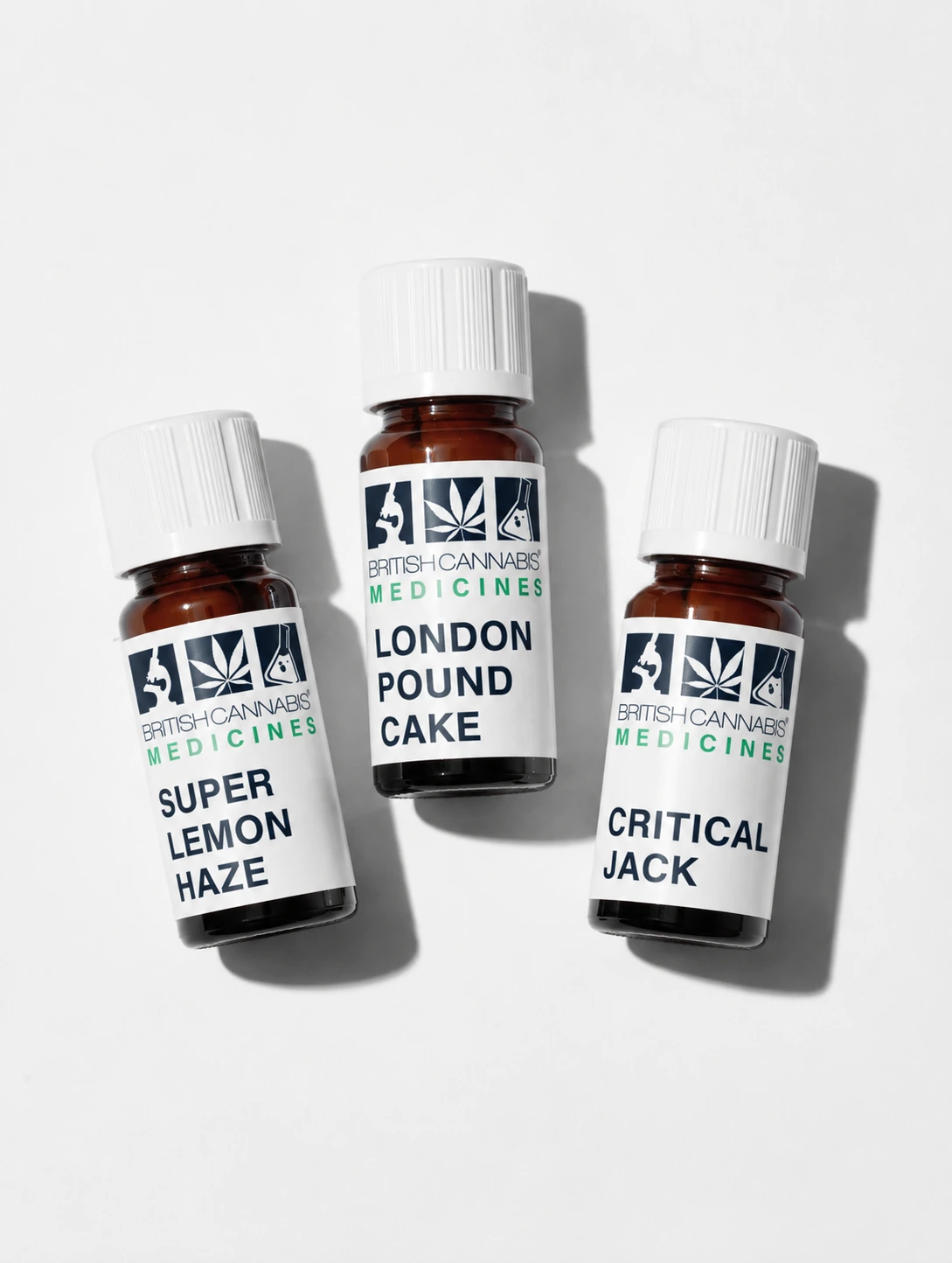 British Cannabis Medicines strain-specific oils — Super Lemon Haze, London Pound Cake, Critical Jack