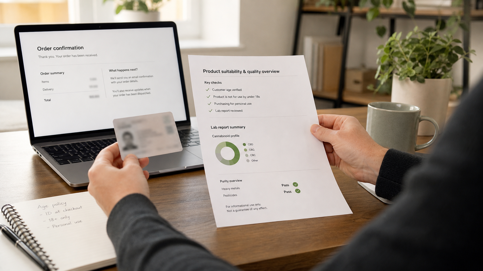 Adult reviewing an age check, order confirmation and lab report before checkout