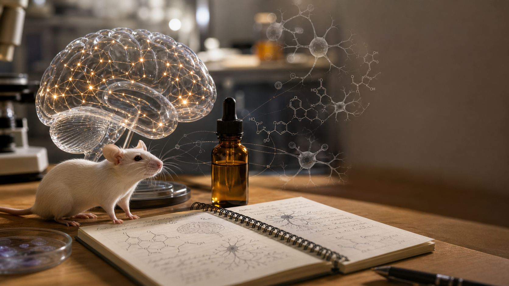 Editorial laboratory scene with a mouse model, abstract brain and unlabelled CBD research vial