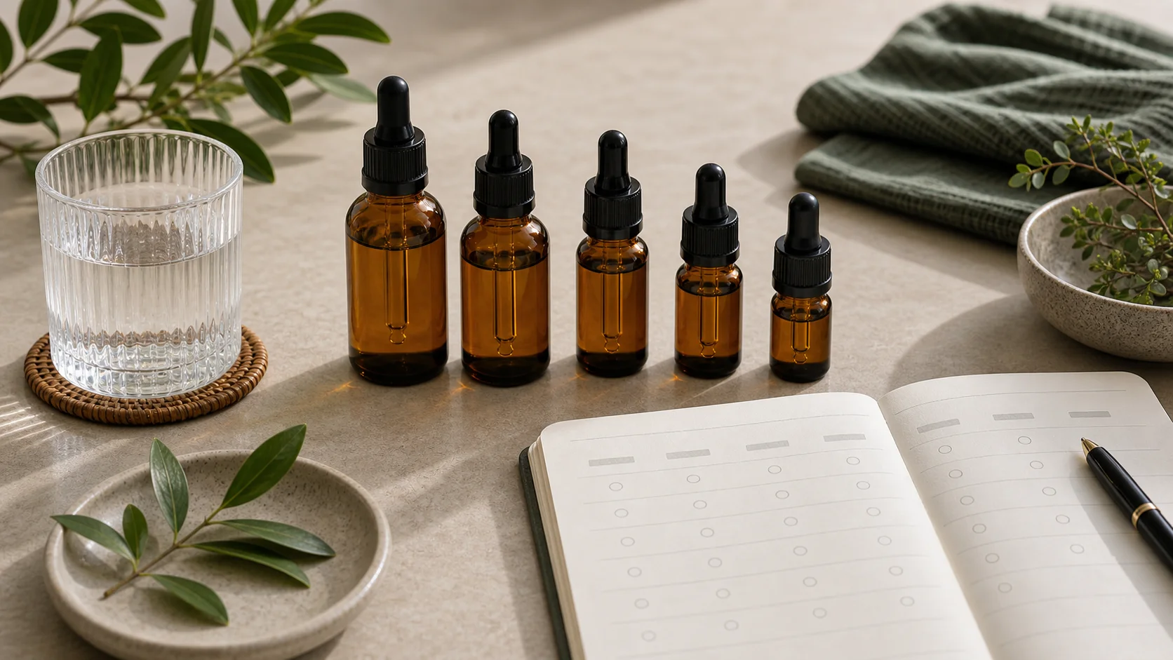 Unbranded amber CBD oil bottles arranged beside a blank comparison notebook