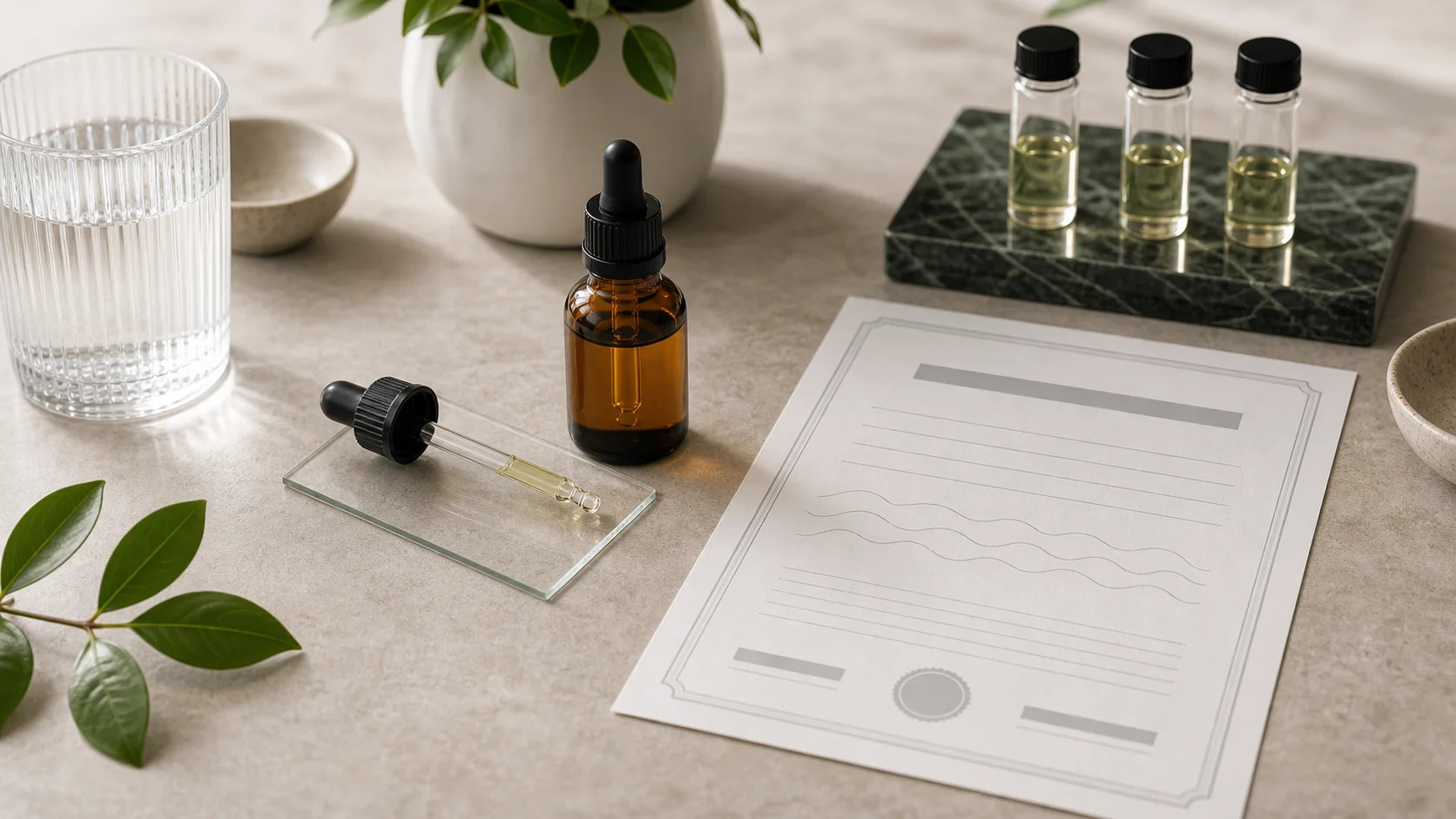 CBD oil bottle, dropper, glass vials and certificate-style paper on a lab-inspired tabletop