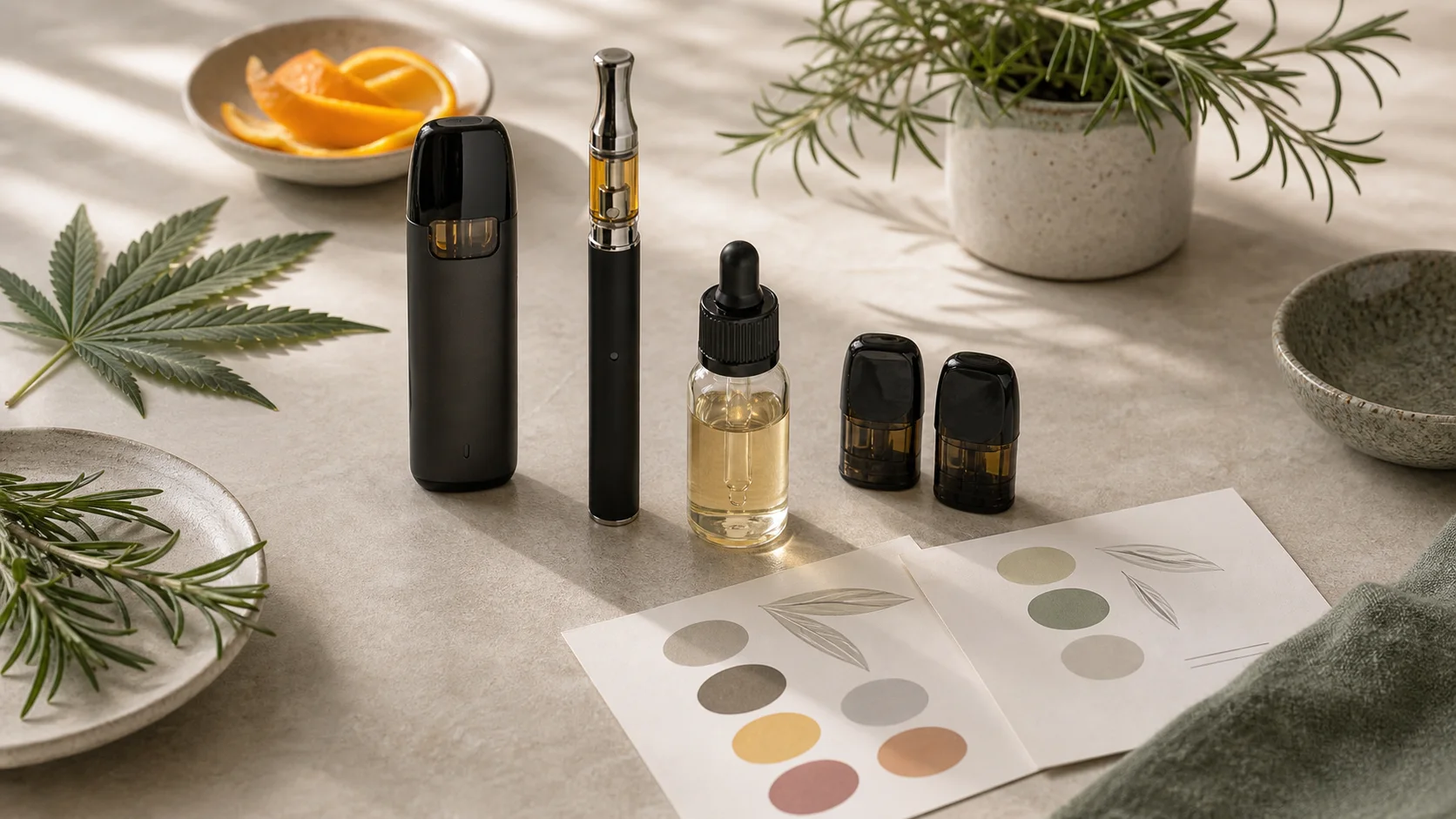 Unbranded CBD vape devices, liquid bottle, citrus peel, herbs and blank flavour cards