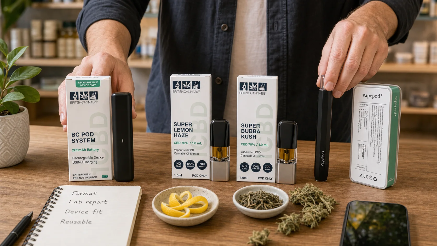 BRITISH CANNABIS reusable CBD pod and cartridge products compared on a consultation table