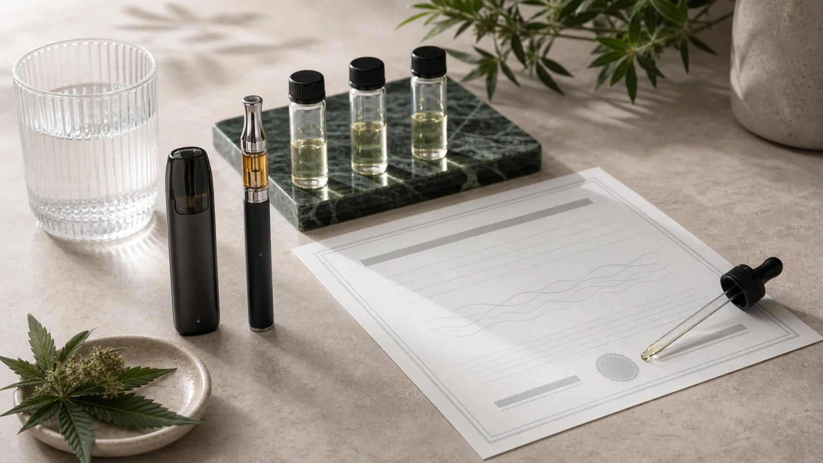 Unbranded CBD vape cartridge and pod device beside vials and a blank certificate-style paper