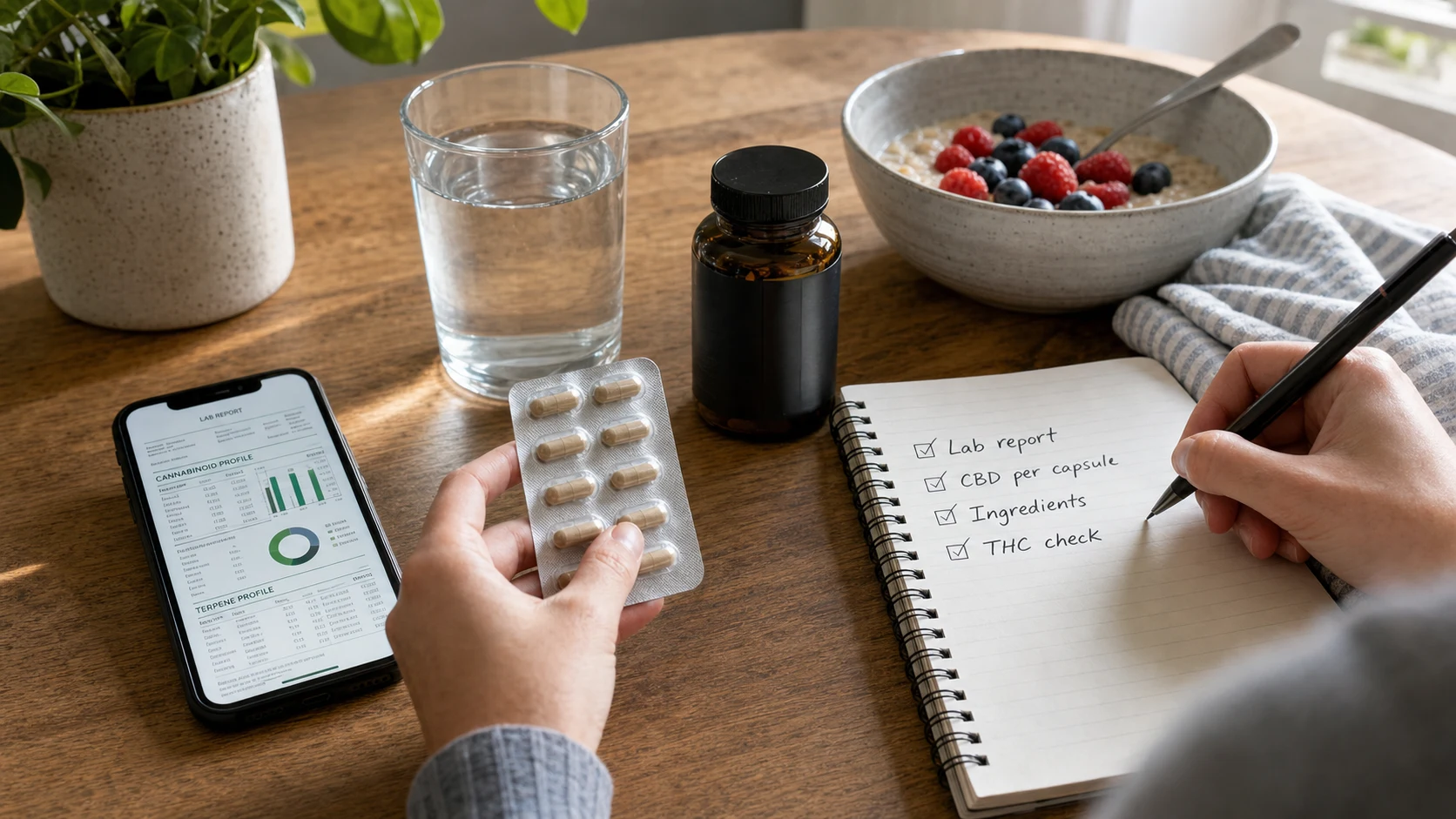 Hands checking CBD capsules beside a lab report phone screen and buyer checklist