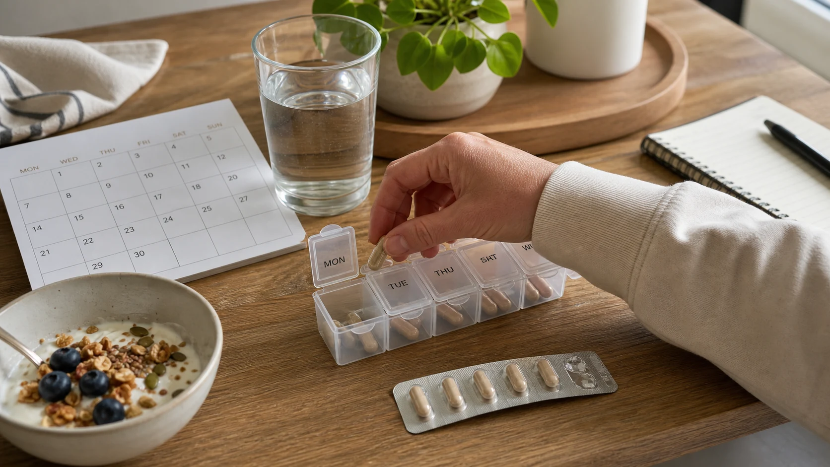 A capsule being placed into a weekly organiser beside breakfast and a glass of water