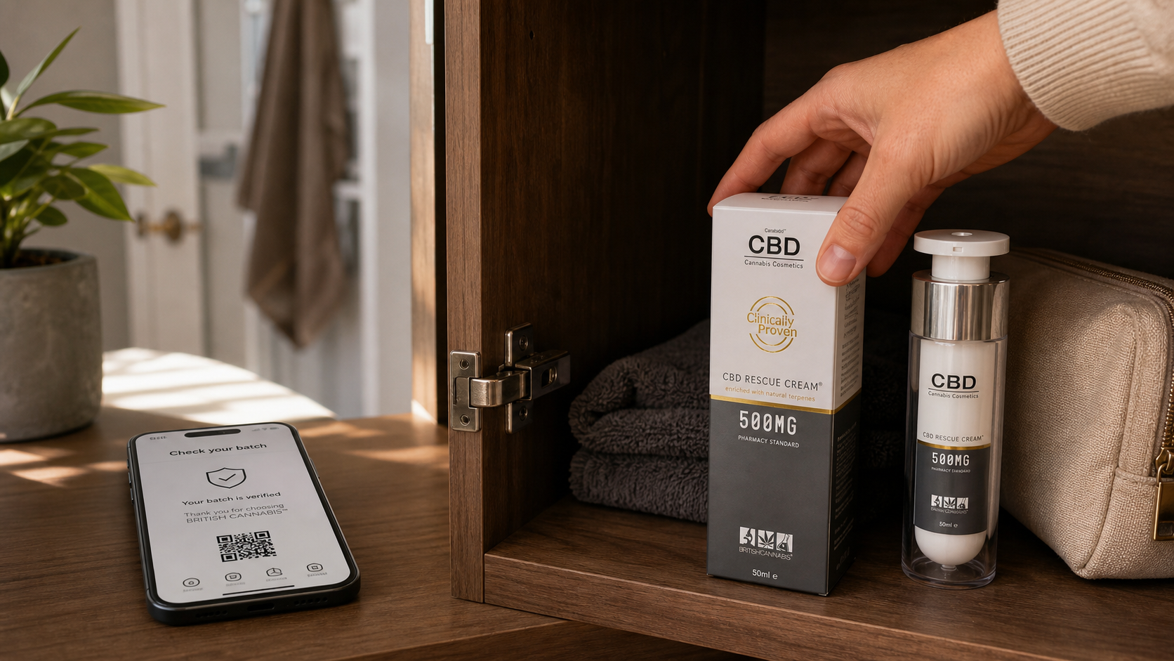CBD RESCUE CREAM bottle and carton placed in a dry shaded cabinet with a phone batch-check cue nearby