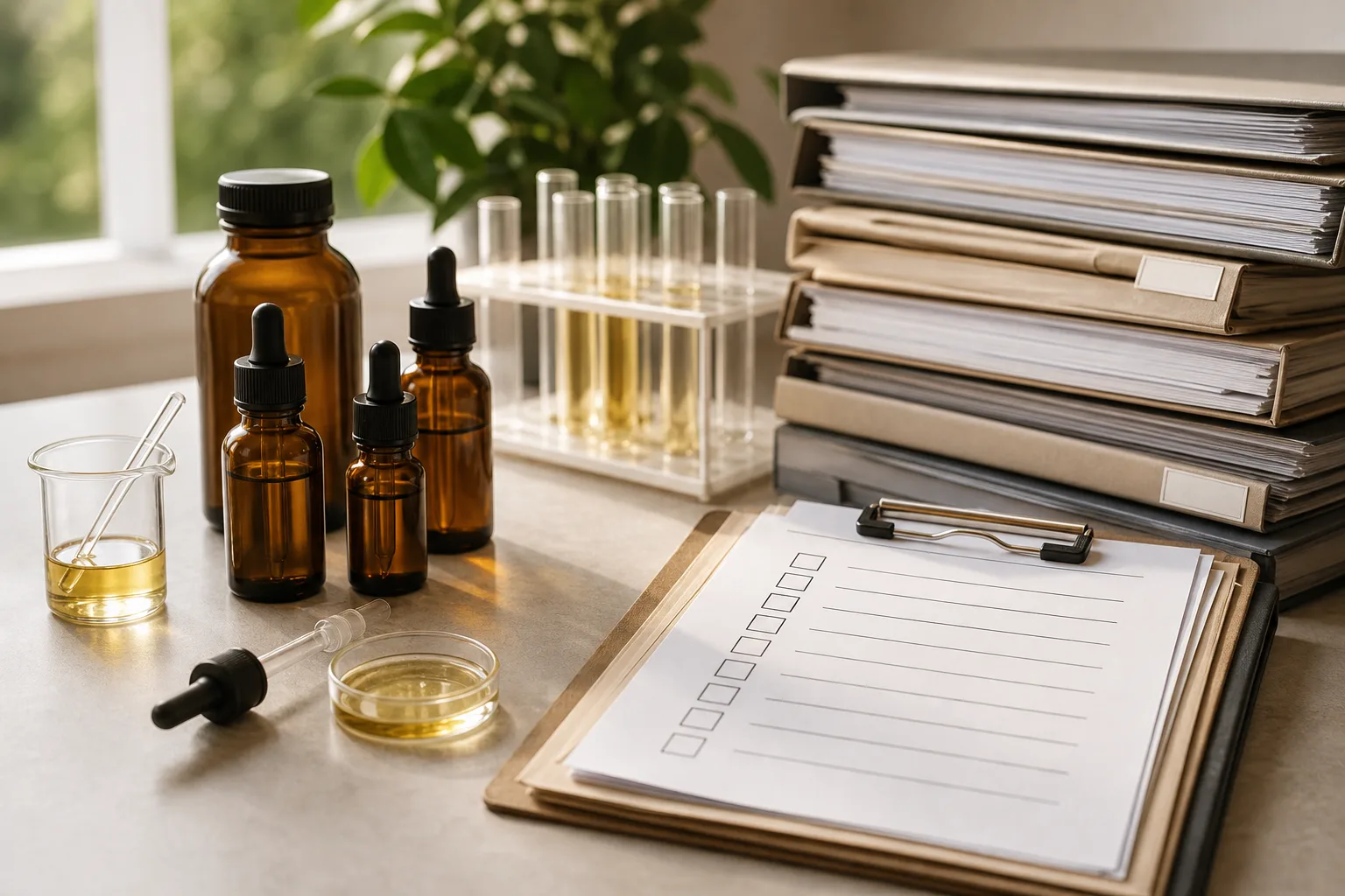 Unbranded CBD sample bottles, laboratory glassware and stacked compliance folders