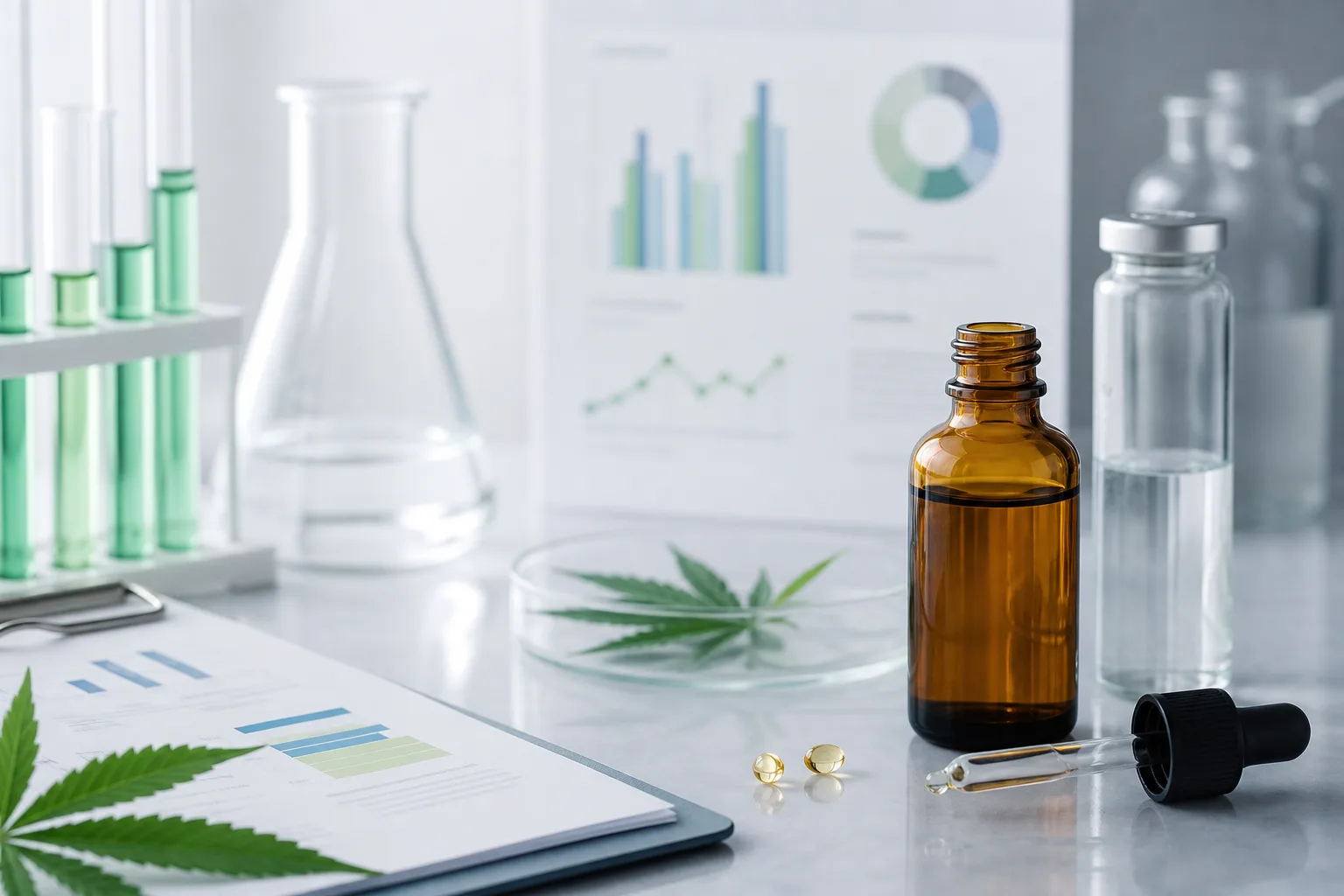 Laboratory bench with unbranded CBD sample bottle, glassware and abstract safety charts