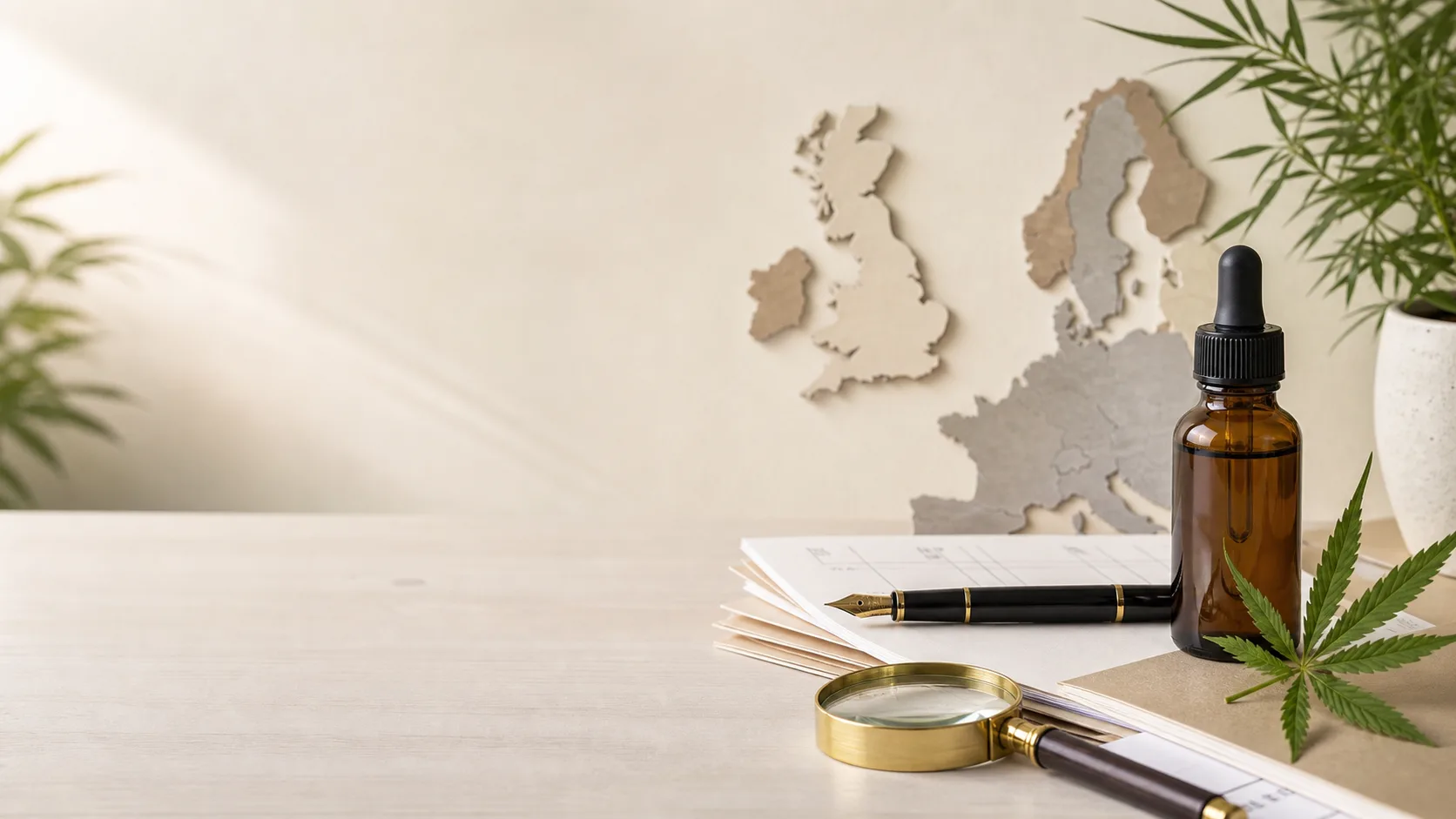 Unbranded CBD bottle with UK and EU paper map shapes on a regulatory desk