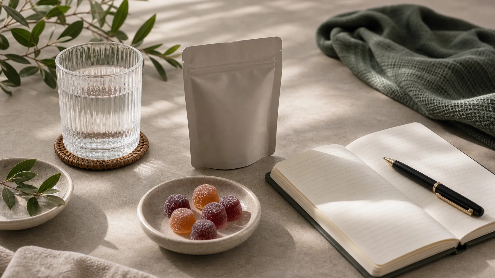 Muted CBD gummies beside a notebook, unbranded pouch and glass of water