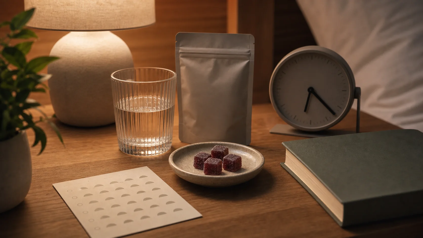 Muted CBD gummies on an evening table with an unbranded pouch, water, book and blank habit tracker