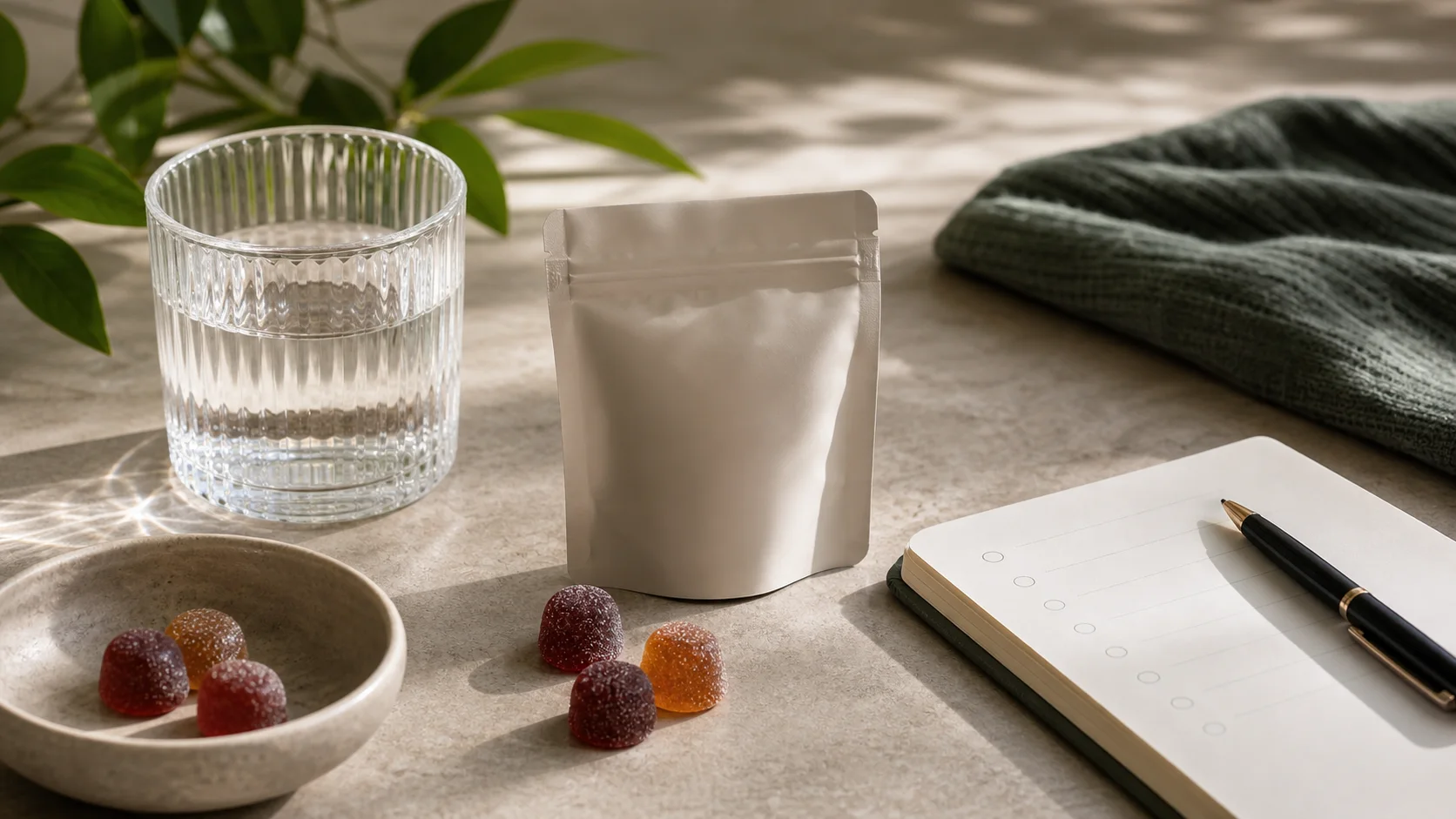 Muted CBD gummies beside a blank dosage notebook, unbranded pouch and glass of water