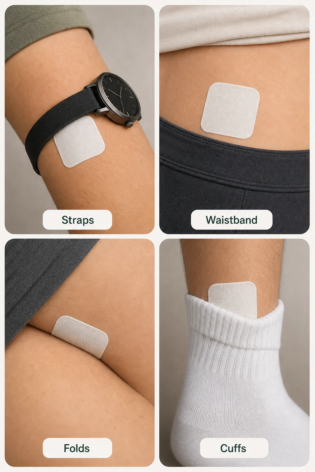 Four CBD patch friction examples to avoid: straps, waistband, folds and cuffs
