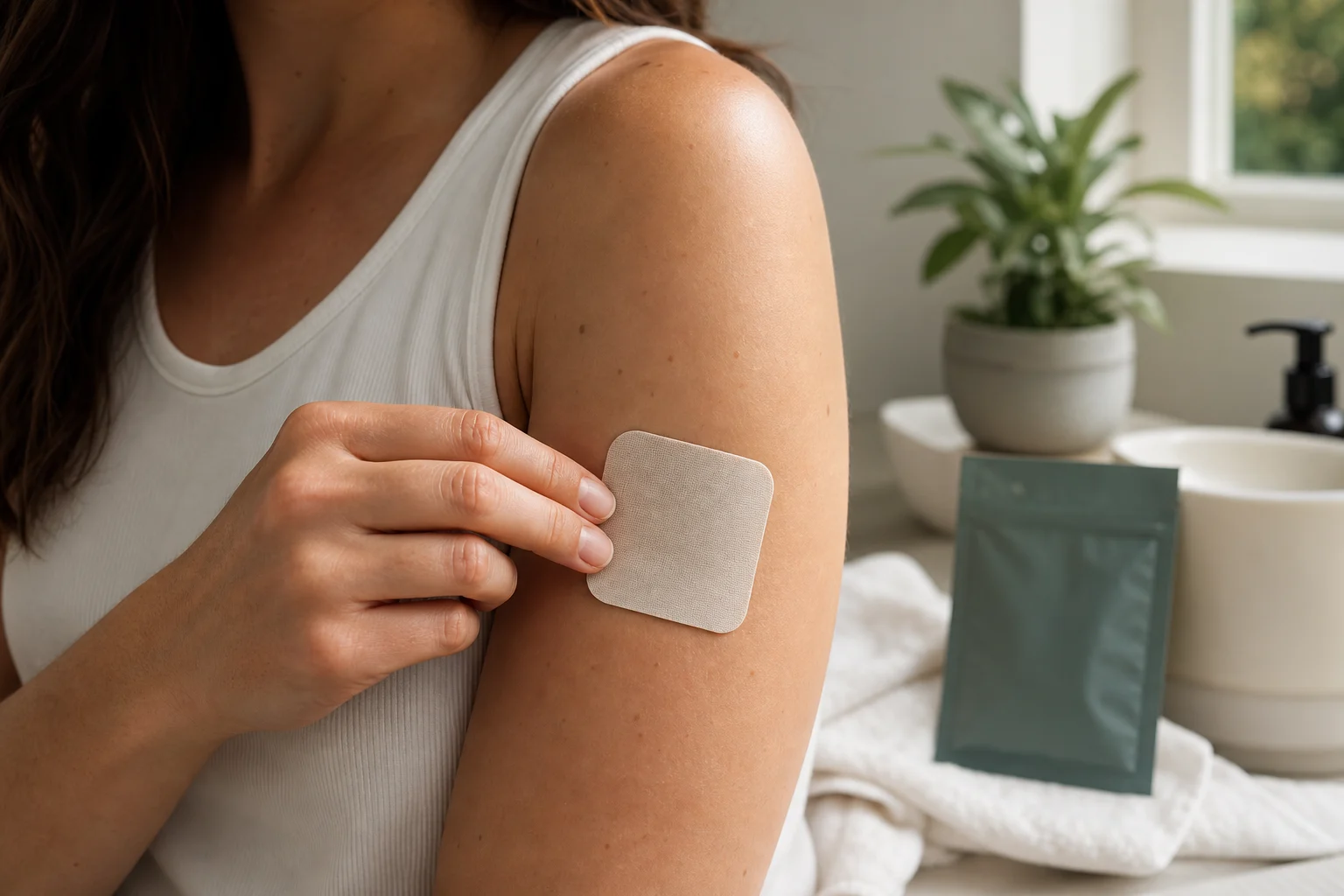 A plain fabric CBD patch being applied to clean skin on the upper arm