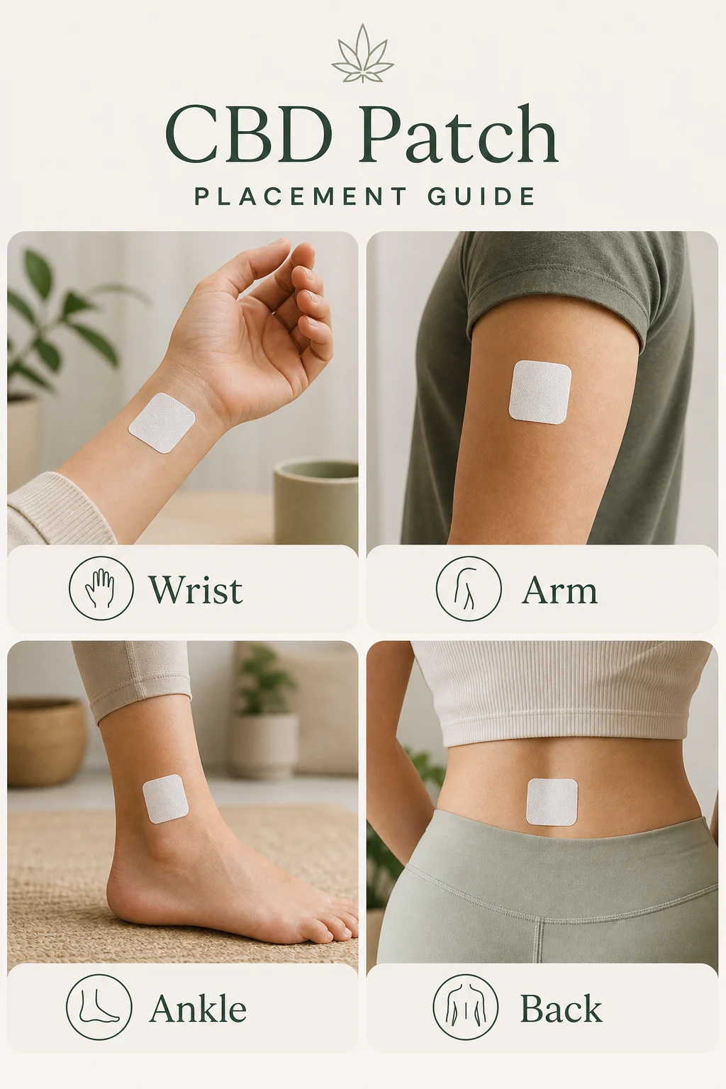 CBD patch placement map showing wrist, arm, ankle and back areas