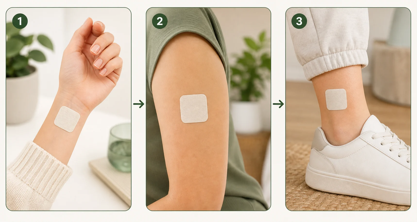 Three-step CBD patch rotation sequence showing wrist, upper arm and ankle
