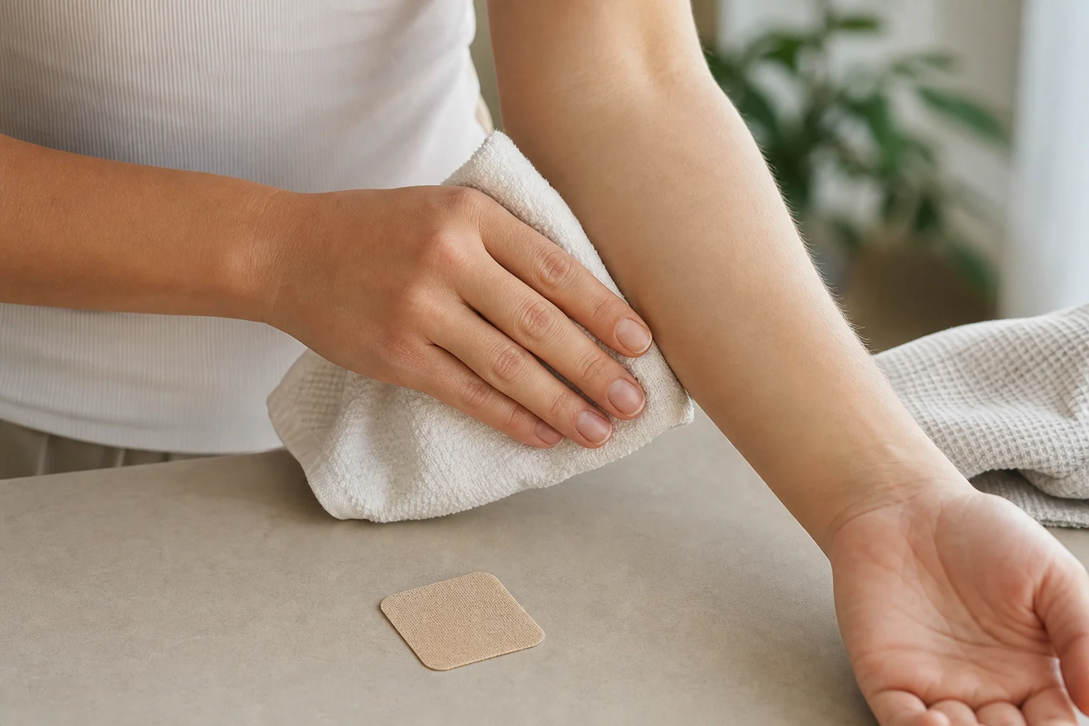 Clean dry skin being prepared before applying a plain fabric CBD patch