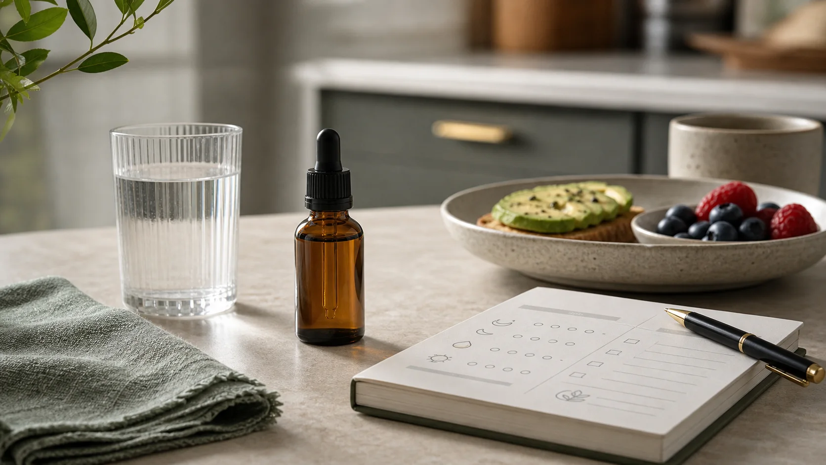 CBD oil with water, breakfast and a tracker for noting drowsiness and digestion patterns