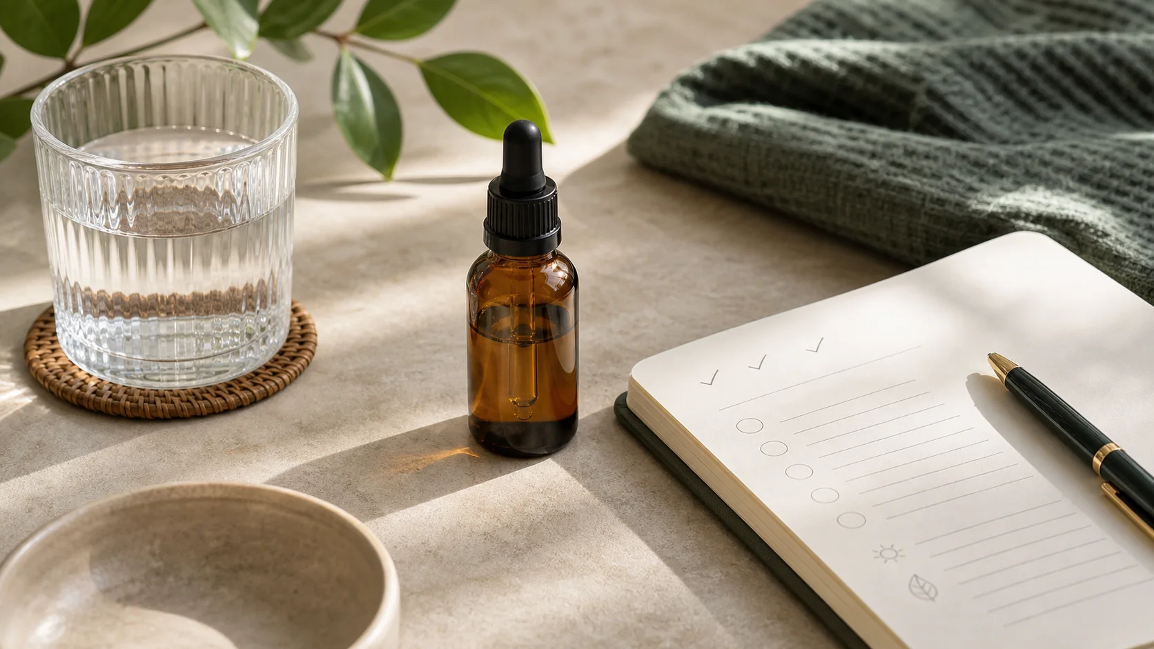 Unbranded amber CBD oil bottle beside a glass of water and a blank checklist notebook