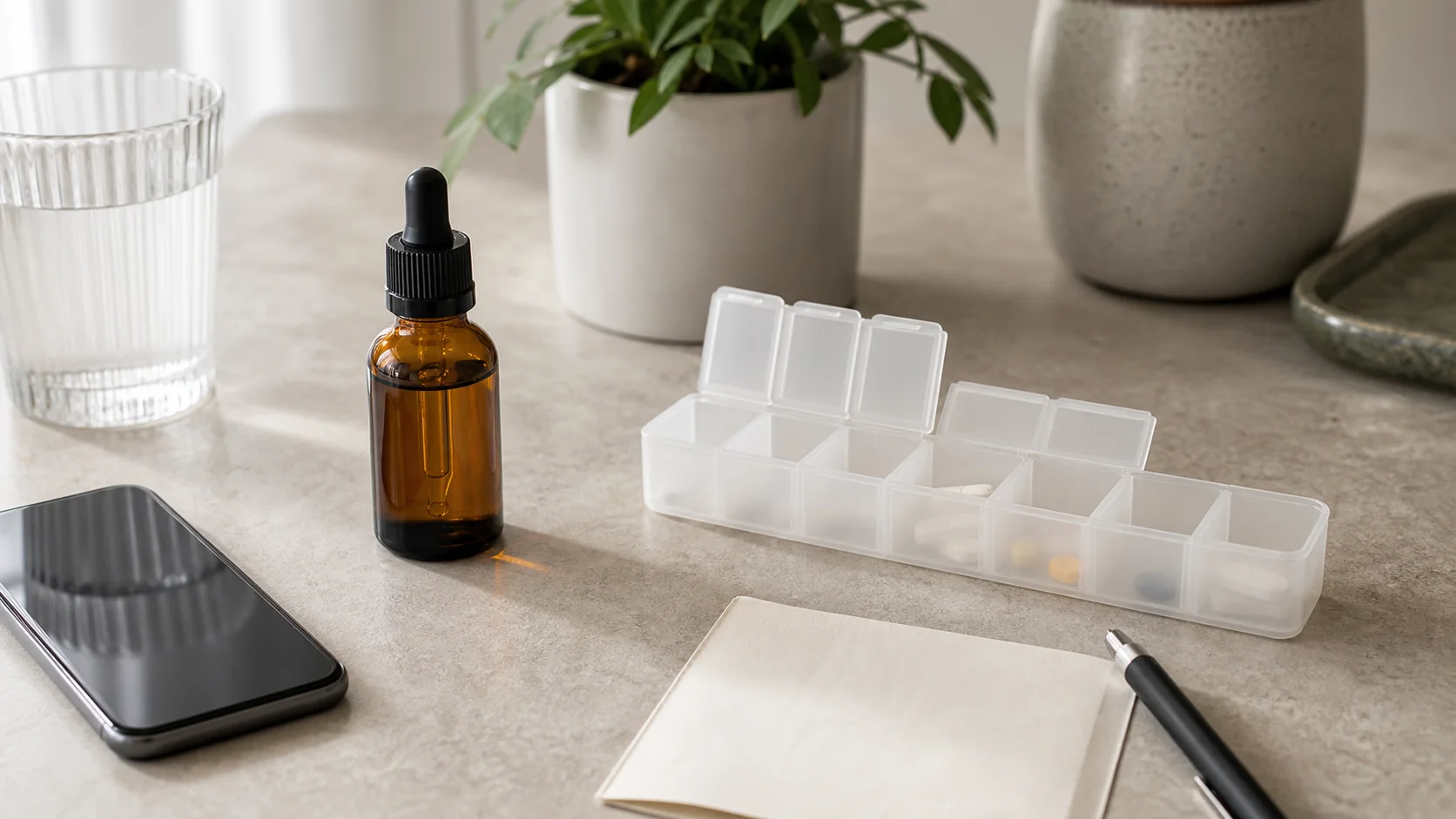 CBD oil placed away from a pill organiser, phone and note to show medication caution