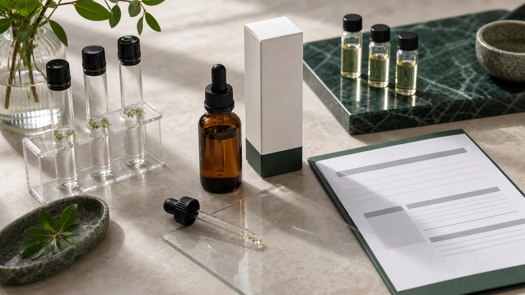 Quality-check desk with CBD oil, vials, carton and lab report paper