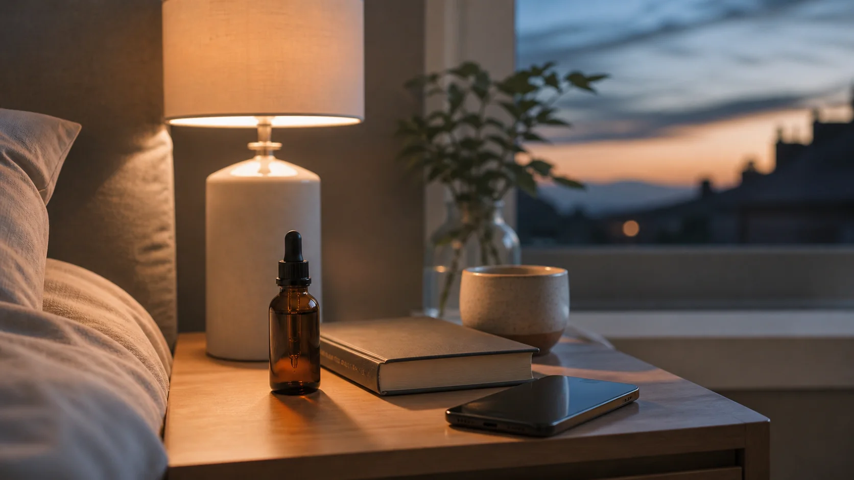 Unbranded amber CBD oil bottle on a bedside table with a lamp, book and phone turned face down