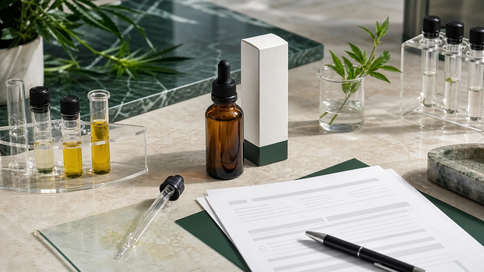 Lab-inspired quality check desk with unbranded CBD oil bottle, blank carton, vials and papers without readable text
