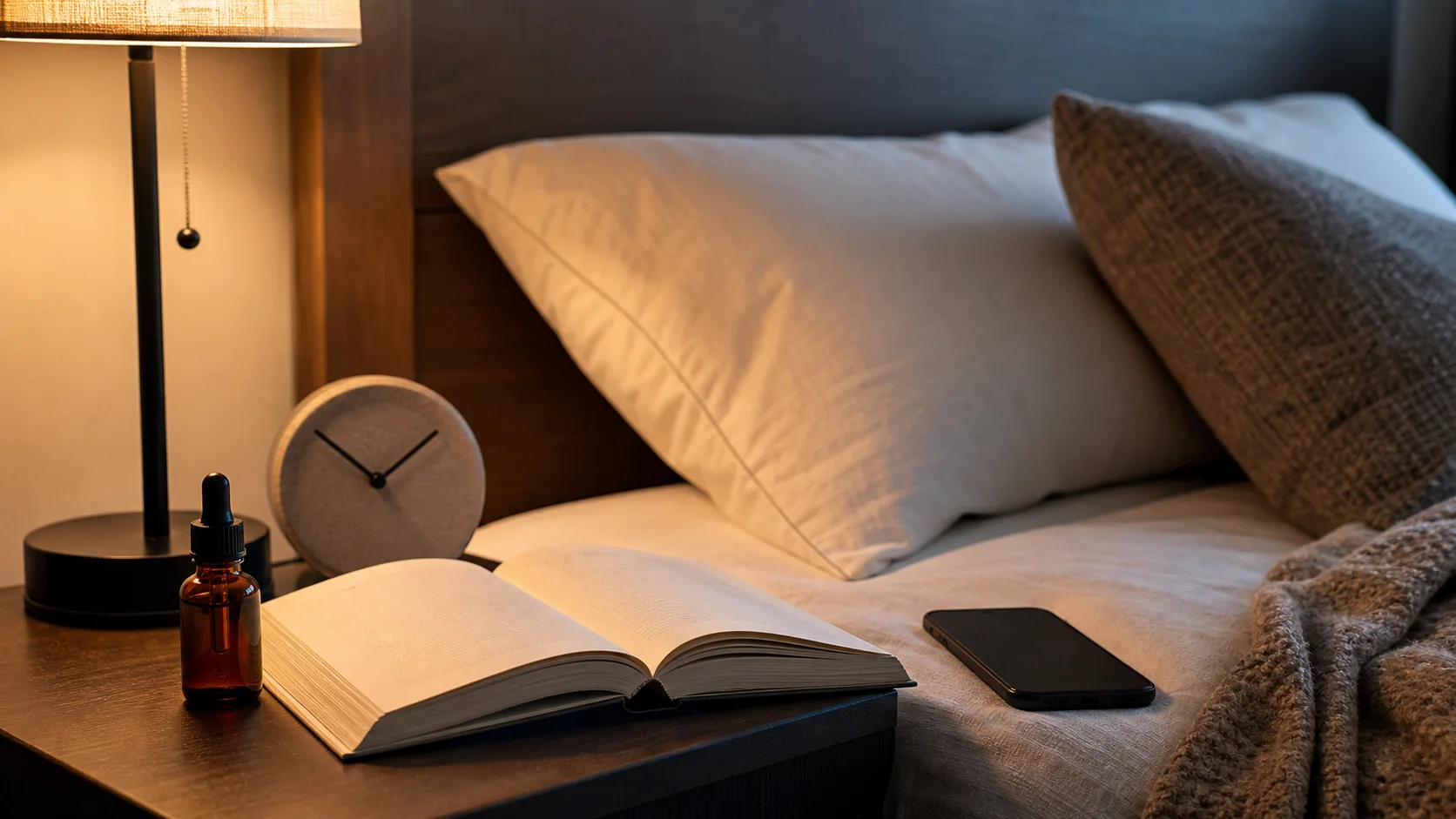 Bedside wind-down scene with lamp, open book, phone face down and an unbranded amber CBD oil bottle