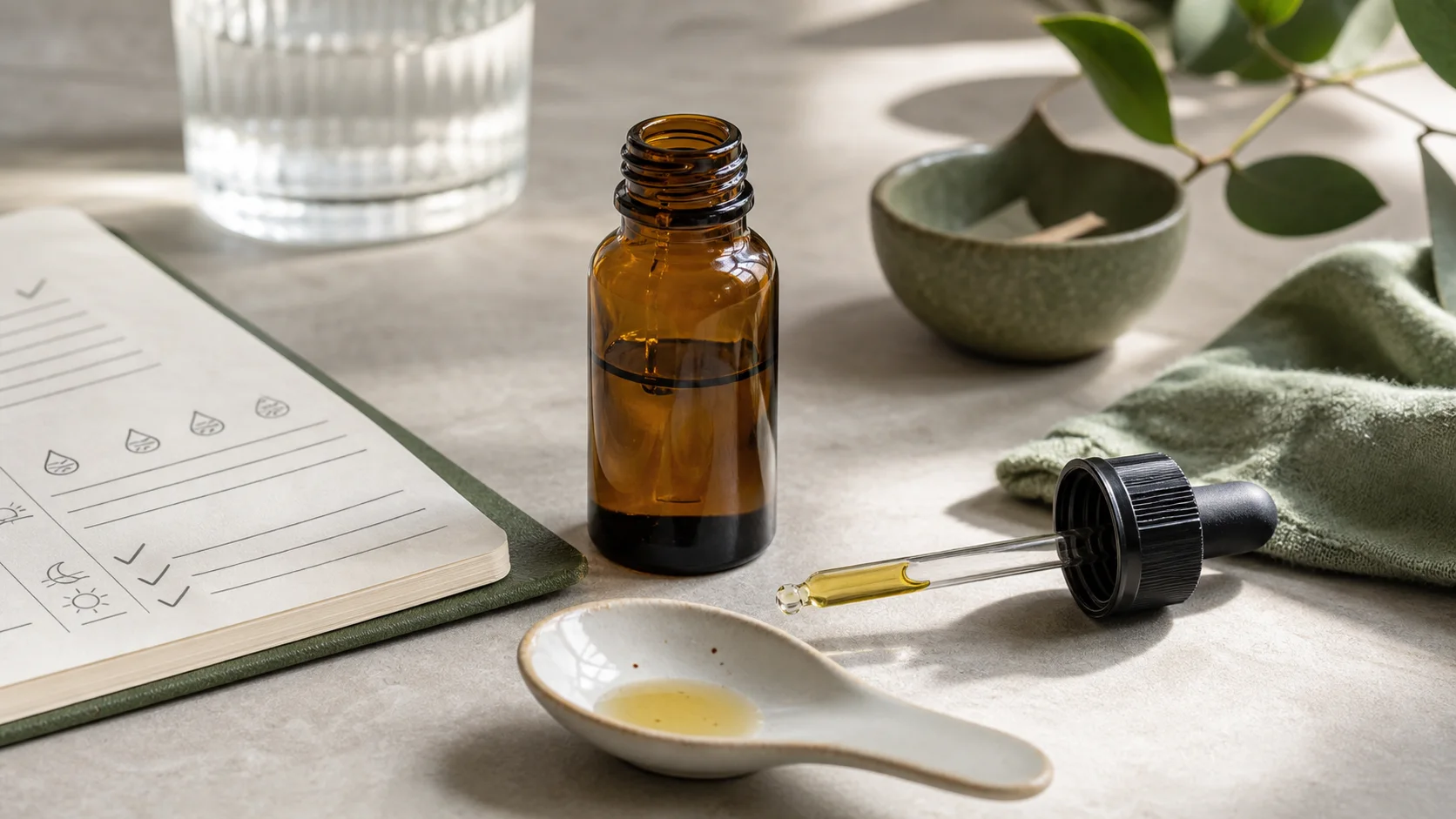 Unbranded CBD oil bottle, dropper and neutral notebook used to illustrate serving and label checks