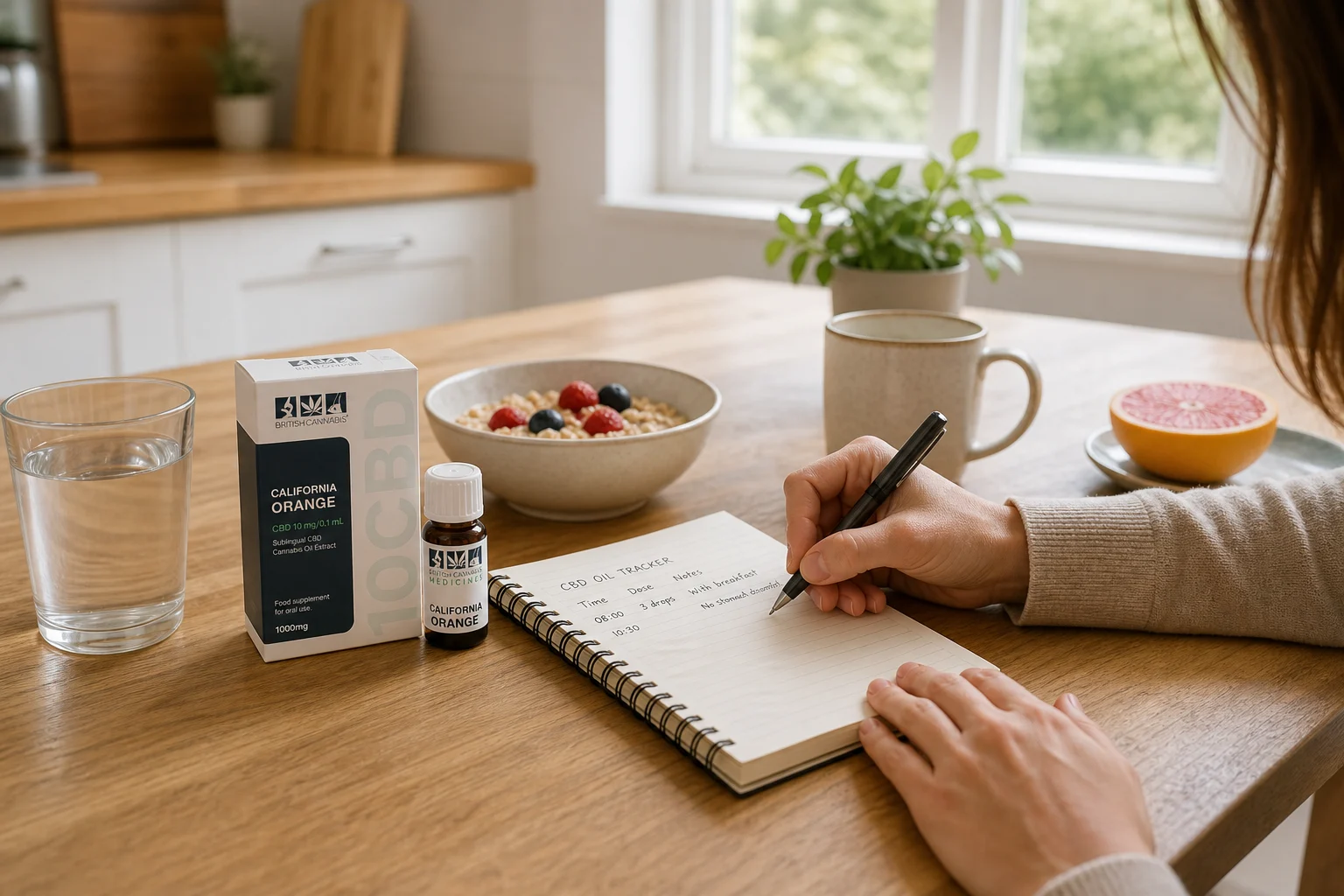 10CBD California Orange oil with water, breakfast and a tracker for noting stomach response
