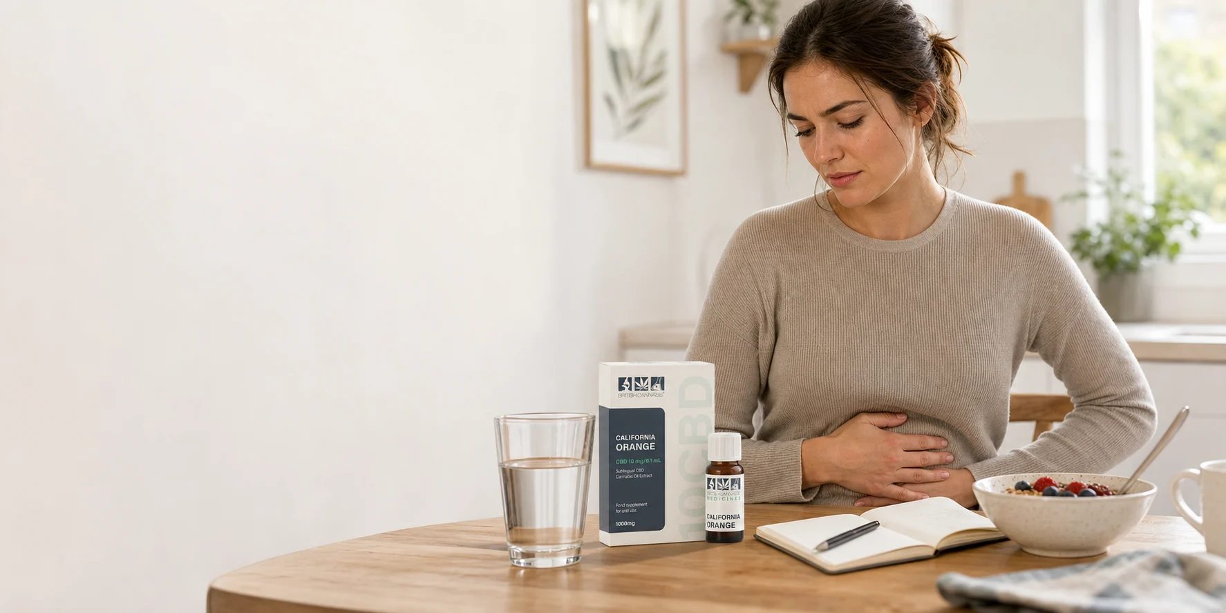 10CBD California Orange oil, water and breakfast on a kitchen table while someone holds their stomach