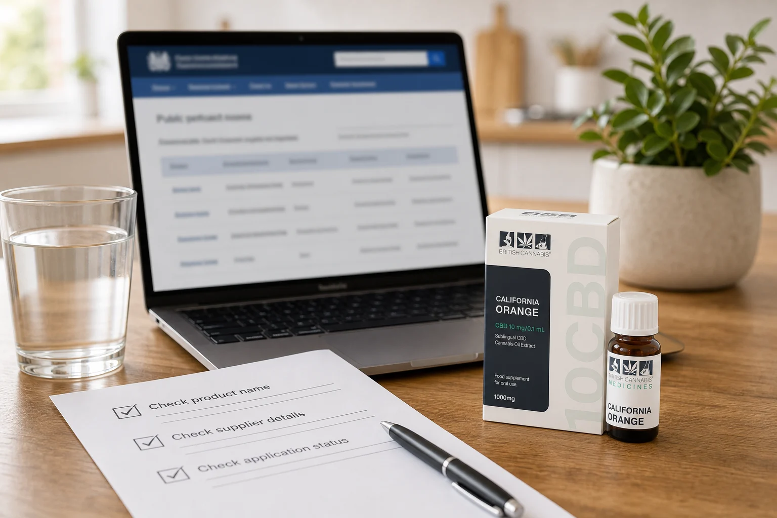 10CBD California Orange oil beside a public-list style screen and a product checklist