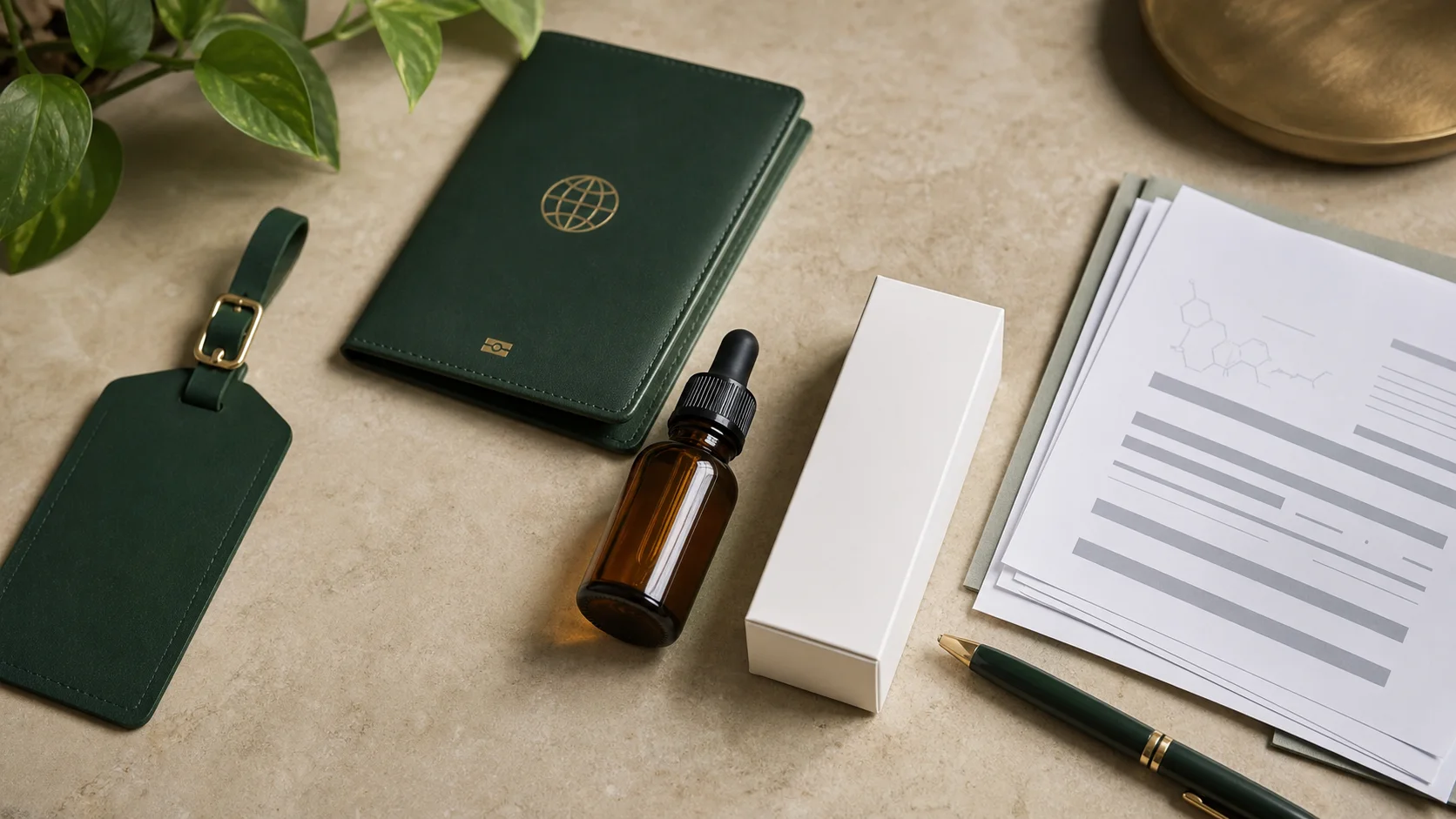Travel documentation flat lay with unbranded CBD oil bottle, blank product box, passport wallet and papers