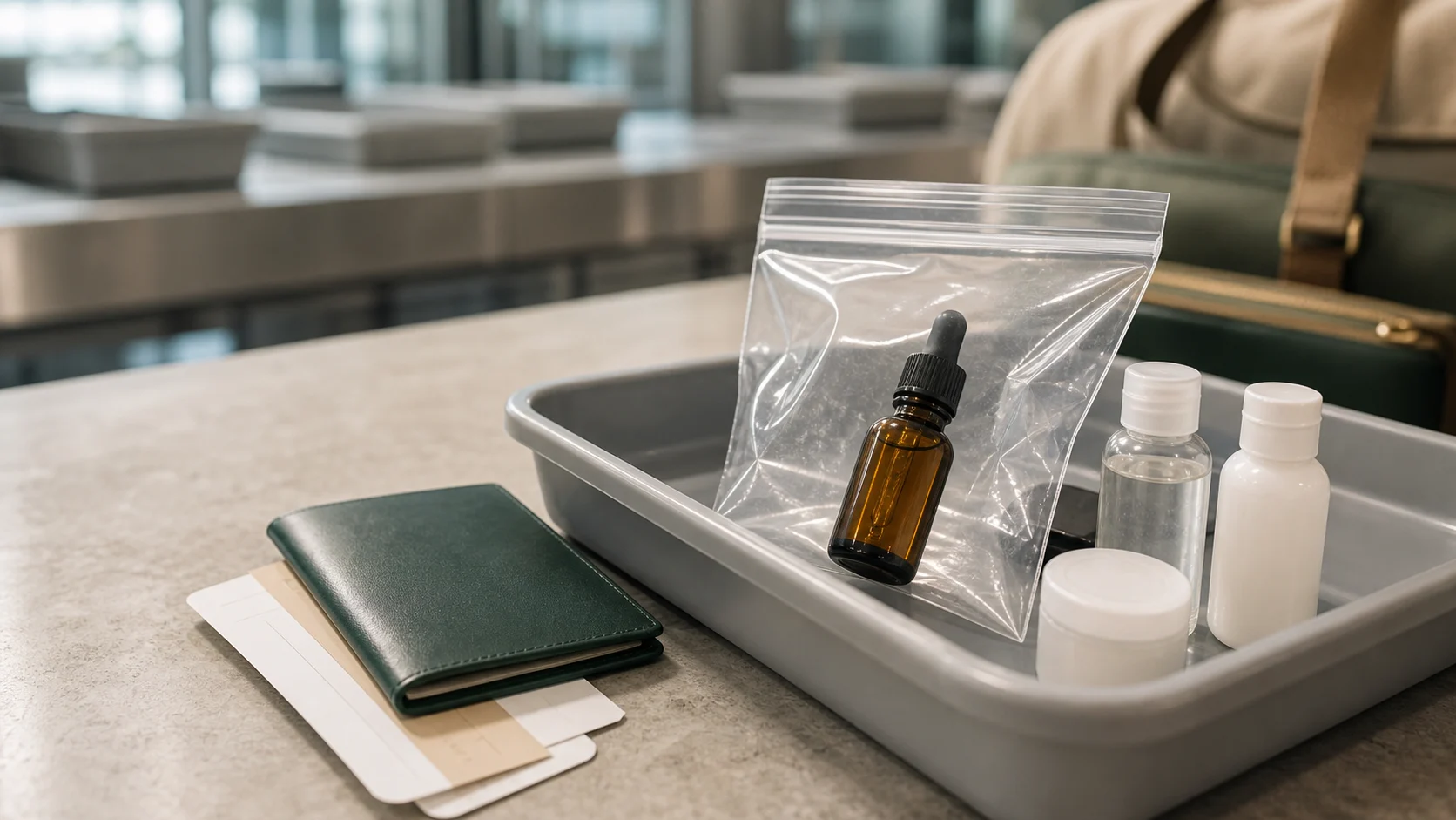 Airport security tray with a clear liquids bag containing an unbranded amber CBD oil bottle