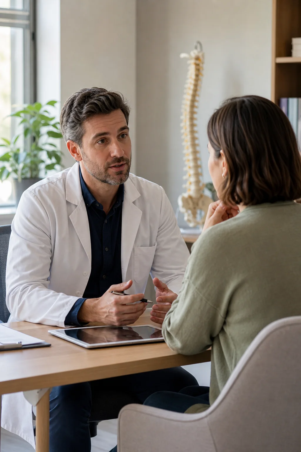 Doctor and adult patient discussing chronic back pain treatment options in a bright clinic room