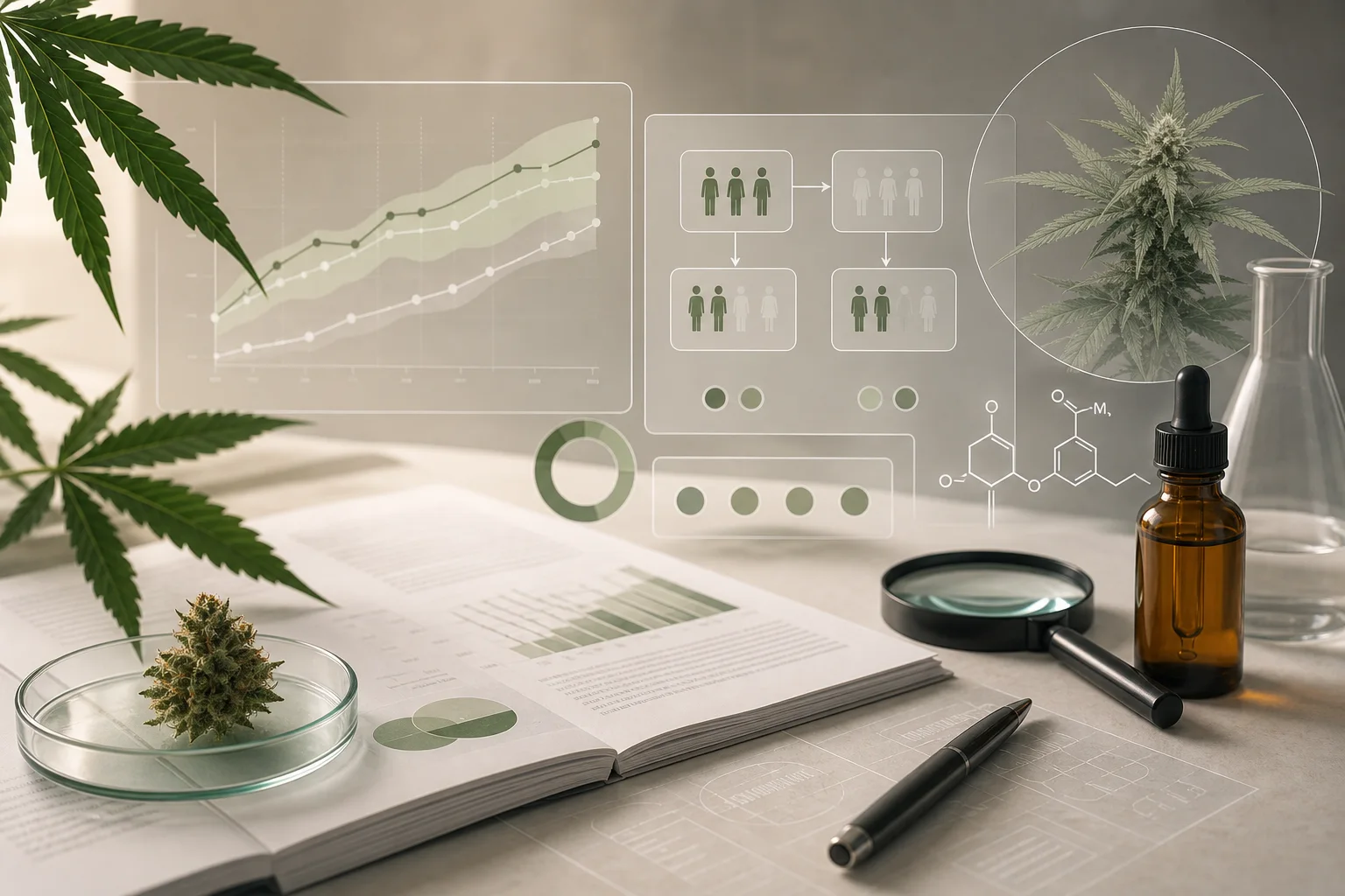 Scientific desk with abstract clinical trial graphics, cannabis leaves and an unbranded amber bottle