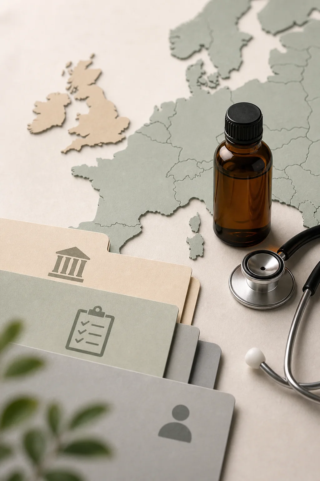 Unbranded amber medicine bottle beside UK and European map shapes, folders and a stethoscope