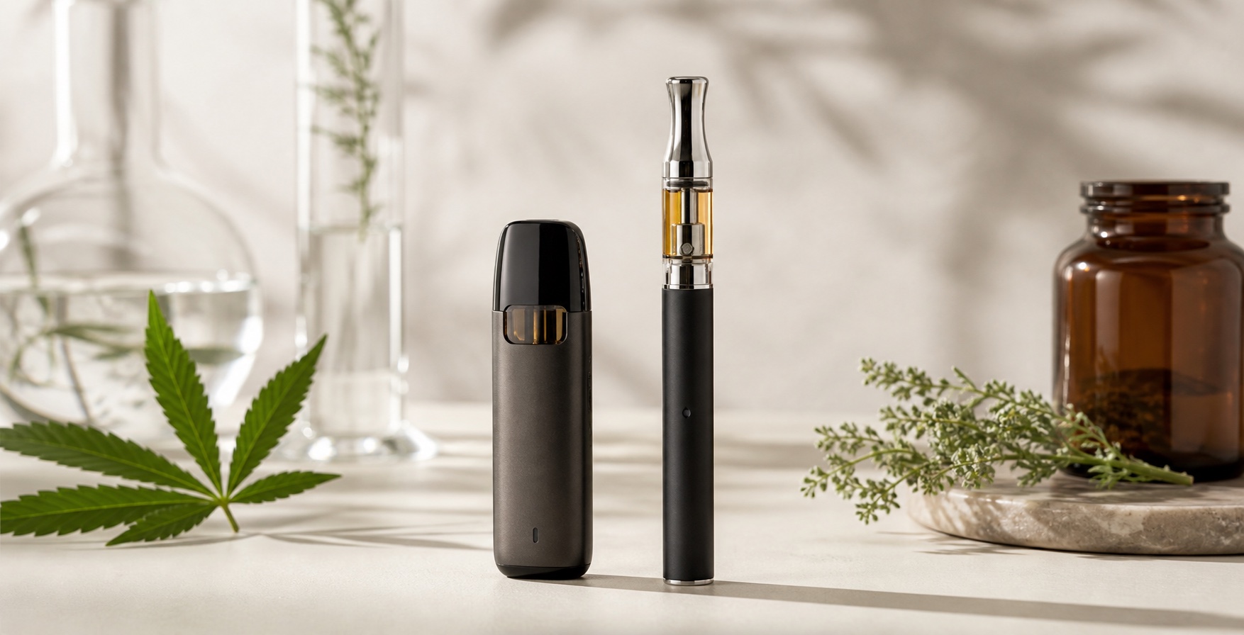 Editorial flat lay comparing a pod vape device and a 510 cartridge setup
