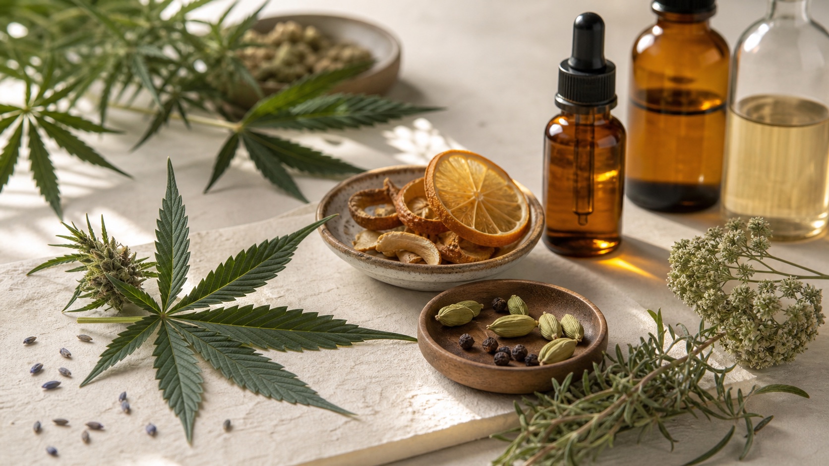 Botanical terpene study with hemp leaves, citrus peel, herbs and amber glass bottles