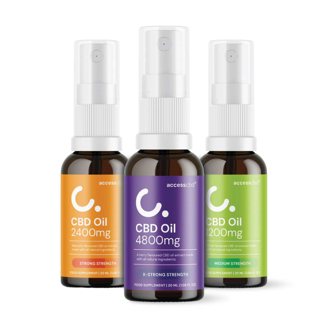 ACCESS CBD Oil bottles in 1200mg, 2400mg and 4800mg strengths