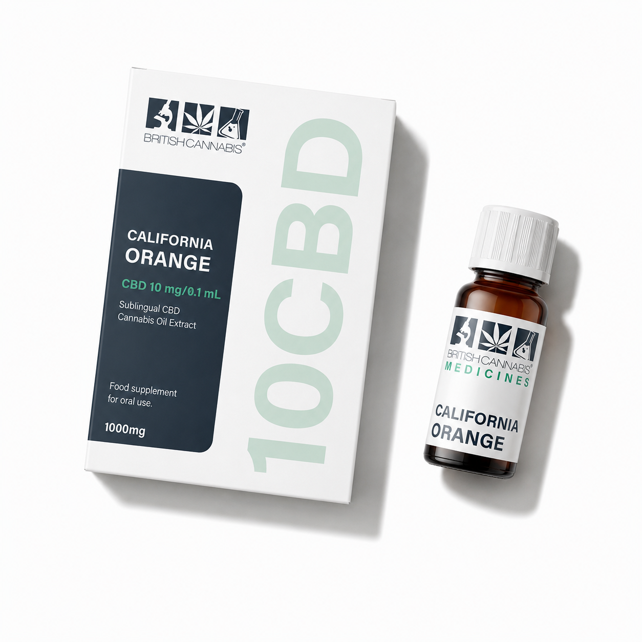 10CBD California Orange oil carton and bottle on white
